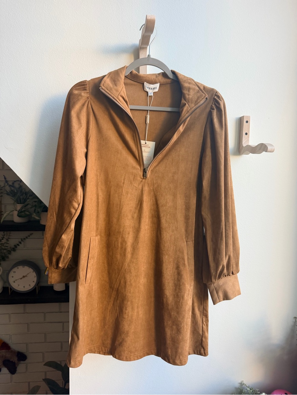 Camel Suede Puff Sleeve Shirt Dress